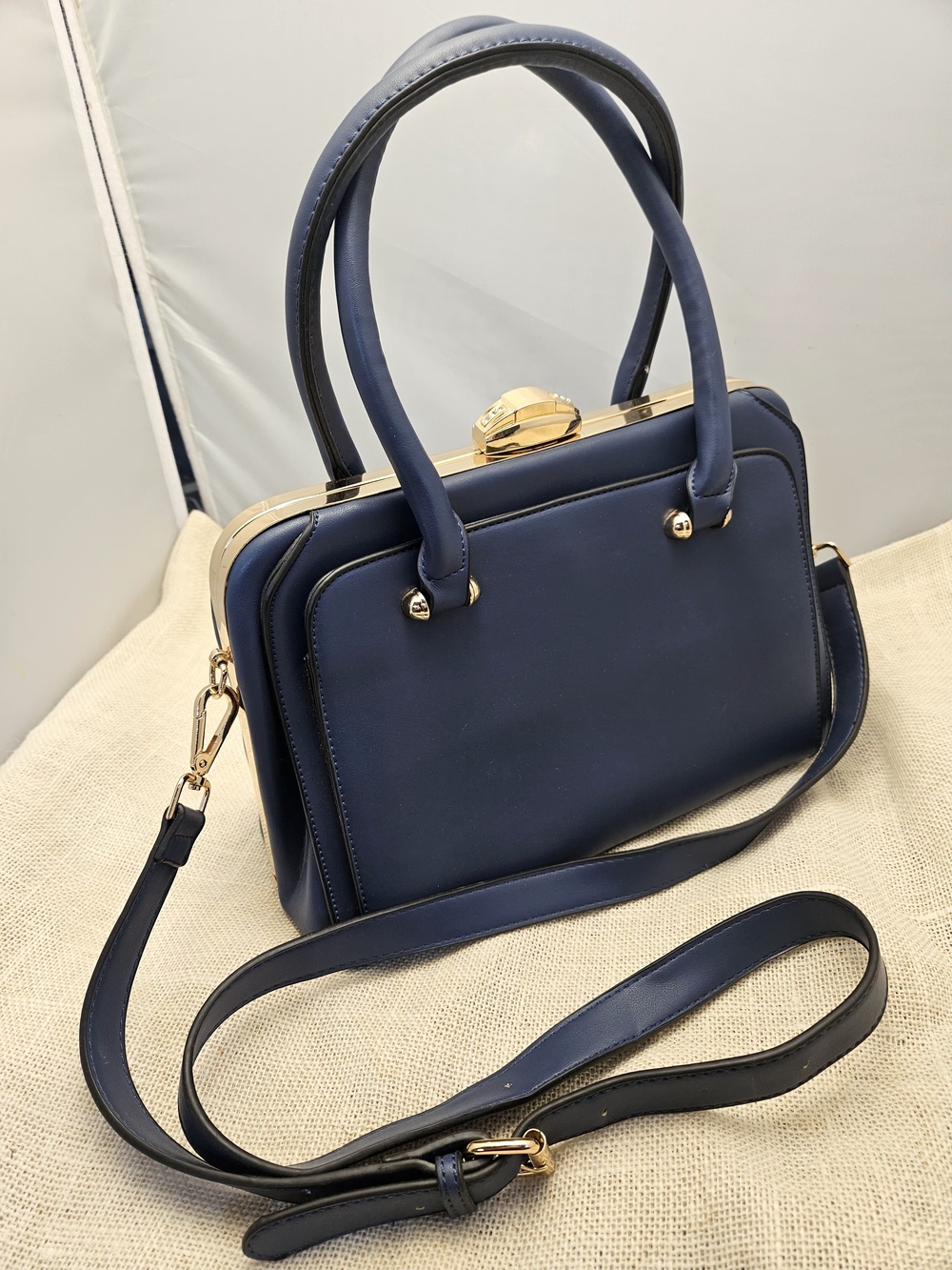Classic Navy Top-Handle Satchel Bag with Gold Hardware